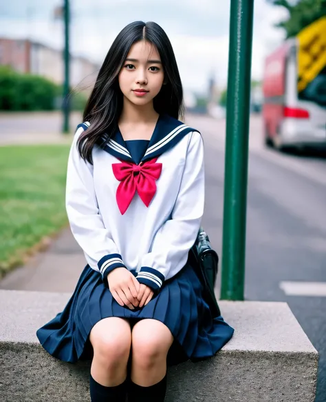1girl,18yo girl,sailor uniform,ankle length skirt,at the bus stop,beautiful detailed eyes,beautiful detailed lips,extremely detailed face,long eyelashes,photorealistic,8k,high quality,detailed background,beautiful scenery,warm lighting,soft colors,cinemati...