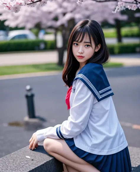 1girl,18yo girl,sailor uniform,ankle knee length skirt,beautiful detailed eyes,beautiful detailed lips,extremely detailed face,longeyelashes,outdoor,cherry blossom tree,sakura petals,natural lighting,vibrant colors,realistic,photorealistic,photo-realistic:...