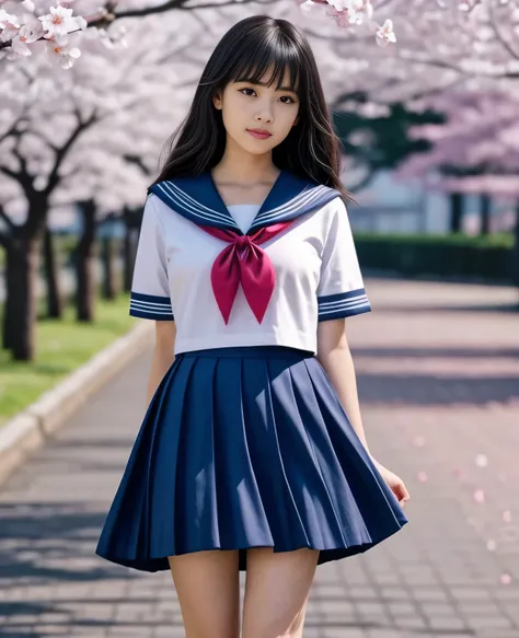 1girl,18yo girl,sailor uniform,ankle knee length skirt,beautiful detailed eyes,beautiful detailed lips,extremely detailed face,longeyelashes,outdoor,cherry blossom tree,sakura petals,natural lighting,vibrant colors,realistic,photorealistic,photo-realistic:...