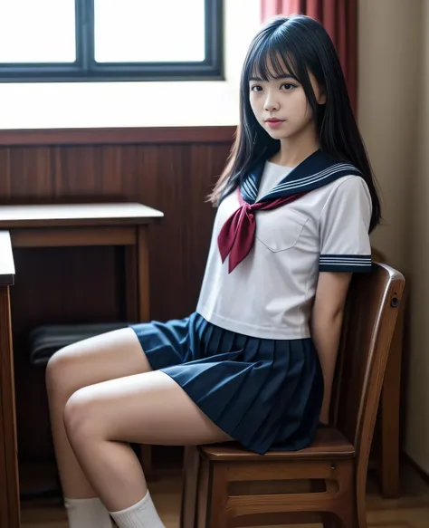 1girl,18yo girl,sailor uniform,ankle length skirt,sitting on the classroom chair,spreading leg widely open,(best quality,4k,8k,highres,masterpiece:1.2),ultra-detailed,(realistic,photorealistic,photo-realistic:1.37),cinematic lighting,highly detailed face,e...