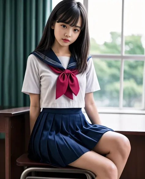 1girl, 18yo girl, sailor uniform, knee length skirt, sitting on the classroom chair, spreading leg widely open, realistic, photorealistic, highly detailed, 8k, hyperrealistic, intricate details, masterpiece, award winning, natural lighting, soft shadows, w...