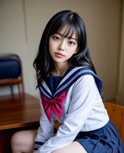 1girl, 18yo girl, sailor uniform, lying on school desk, skirt up, beautiful detailed eyes, beautiful detailed lips, extremely detailed face, long eyelashes, photo-realistic, 8k, highres, masterpiece, official art, cinematic lighting, dramatic, soft lightin...
