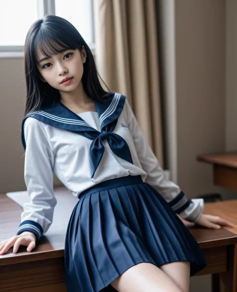 1girl, 18yo girl, sailor uniform, lying on school desk, skirt up, beautiful detailed eyes, beautiful detailed lips, extremely detailed face, long eyelashes, photo-realistic, 8k, highres, masterpiece, official art, cinematic lighting, dramatic, soft lightin...