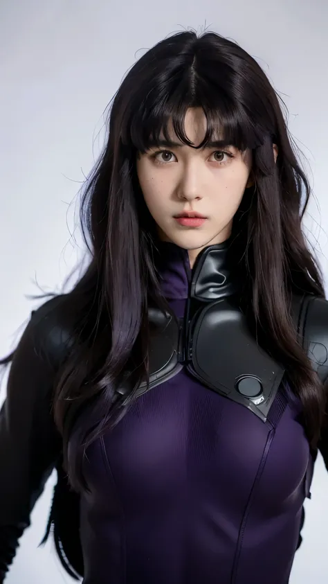 misato katsuragi, long hair, (brown eyes:1.5), (purple hair:1.2), (parted bangs:1.5), sidelocks, tall, milf,(mature female:1.2), (30 years old、very cute super model:1.2), shot on leica, full body, natural proportions, (accurate anatomy body: 1.5), Curvy ph...