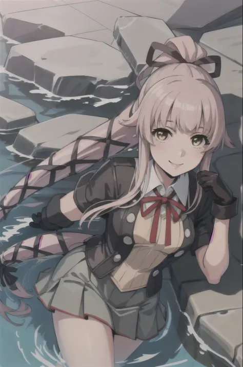 (masterpiece, Highest quality:1.2), alone, One girl, Yuradev, smile, View your viewers, Water Play, ponytail, Hair Ribbon, , Jacket, Seraphim, Neck ribbon, Black gloves, Partially fingerless gloves, Grey Skirt 