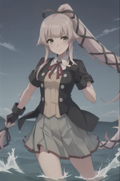 (masterpiece, Highest quality:1.2), alone, One girl, Yuradev, smile, View your viewers, Water Play, ponytail, Hair Ribbon, , Jacket, Seraphim, Neck ribbon, Black gloves, Partially fingerless gloves, Grey Skirt 