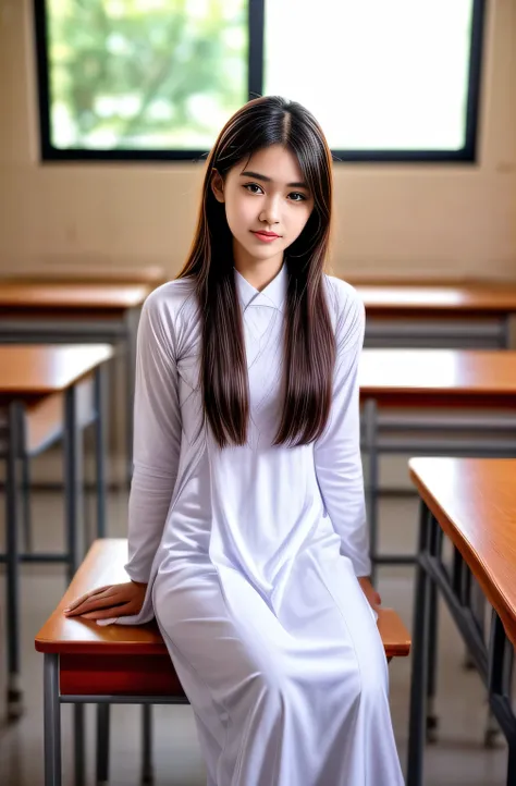 raw photo , 1 girl  ,wearing white traditional uniform  ((teen school girl studying in the classroom)) , professional photograph...