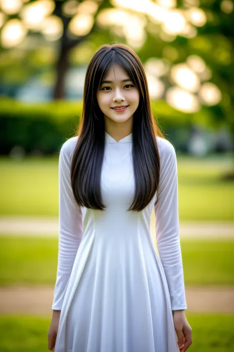 raw photo , 1 girl ,wearing white traditional uniform ,vietnam teen school girl, playing in the playground , professional photog...