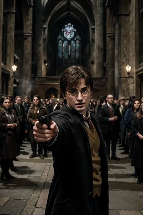 Harry potter holding a gun in front of a crowd of people
