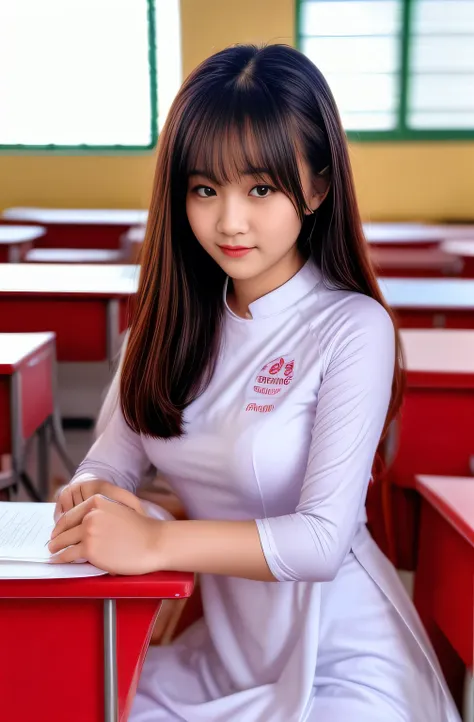 raw photo , 1 girl  ,wearing white traditional uniform  ((teen school girl studying in the classroom)) , professional photograph...