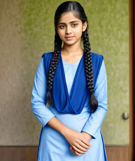 Raw photo , 1 girl ,Wearing salwar kameez uniform, teen school girl, with plait , professional photographer, (hdr:1.4), masterpiece, ultra-realistic 8k, perfect artwork, intrincate details, cute face, award winning photograph, (Best quality, 8k, 32k, Mas...