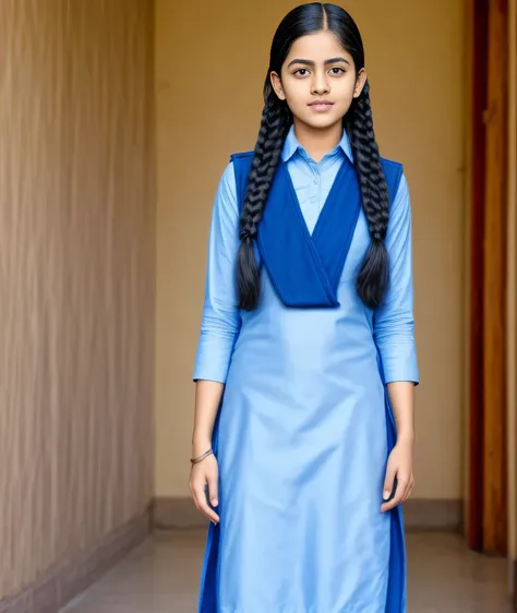 Raw photo , 1 girl ,Wearing salwar kameez uniform, teen school girl, with plait , professional photographer, (hdr:1.4), masterpiece, ultra-realistic 8k, perfect artwork, intrincate details, cute face, award winning photograph, (Best quality, 8k, 32k, Mas...