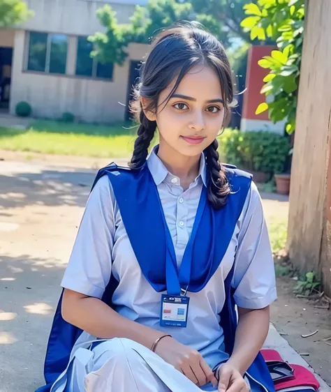 Raw photo , 1 girl ,Wearing salwar kameez uniform, teen school girl, with plait , professional photographer, (hdr:1.4), masterpiece, ultra-realistic 8k, perfect artwork, intrincate details, cute face, award winning photograph, (Best quality, 8k, 32k, Mas...