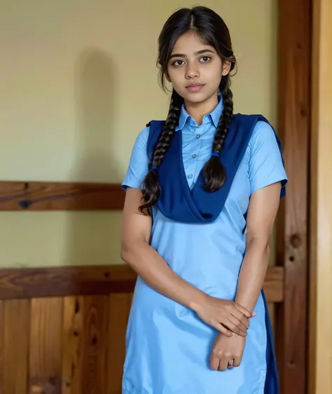 Raw photo , 1 girl ,Wearing salwar kameez uniform, teen school girl, with plait , professional photographer, (hdr:1.4), masterpiece, ultra-realistic 8k, perfect artwork, intrincate details, cute face, award winning photograph, (Best quality, 8k, 32k, Mas...