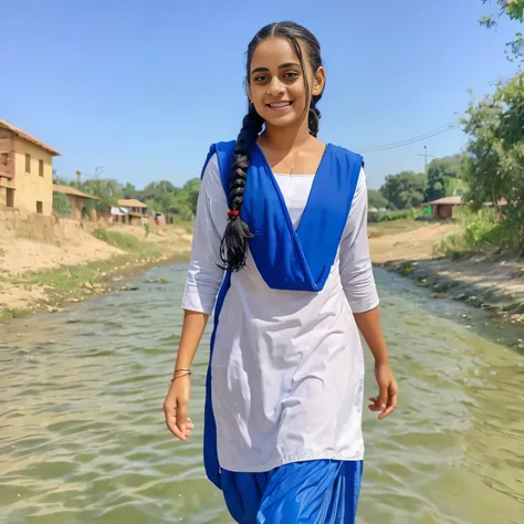 (masterpiece, 8k, best quality:1.2), in the river, outdoor, 1girl, 20 yo school girl,  smile, looking at viewer, salwar kameez u...