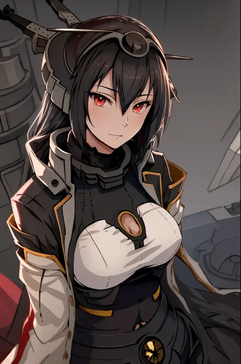 Highest quality, masterpiece, High resolution, alone, {Nagato_Fleet Collection:1.15}, black_hair, length_hair, red_eye, chest, hair_between_eye, headgear, big_chest, 