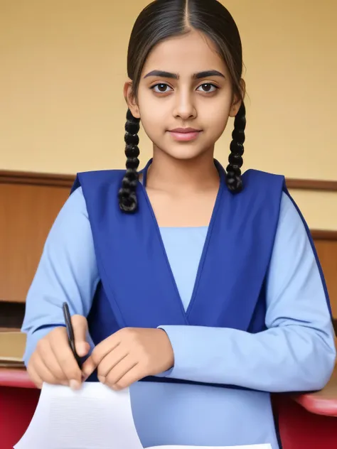 1 girl in a salwar kameez uniform, detailed face, beautiful eyes, long eyelashes, braided hair, studying in a classroom, natural lighting, realistic, photorealistic, 8k, high resolution, vivid colors, intricate details, masterpiece, elegant, warm color ton...