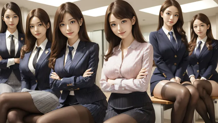 (best quality, masterpiece:1.5), (ultra-detailed, realistic:1.37),4K,(4woman:1.5),(smile:1.3),(4group photo),japanese,cute,beautiful,up ponytale hair,(big breast),(striped office suits),skirt,blouse,(black pantyhose),beauty legs,(sexy pose:1.1),(crossed ar...
