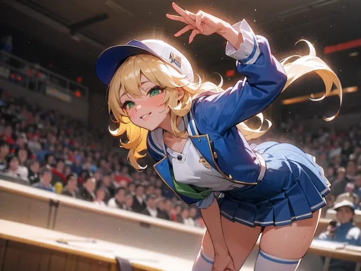 masterpiece,best quality, Extremely detailed,1 Girl(Sakurai Hyakuka, lovely small breast, Glowing skin, curls, Long hair, Blonde Hair,Green Eyes),Smile, Shiny lips, nose blush, blush, For the audience, Looking at the audience, Solitary, Blue Jacket, Lower ...