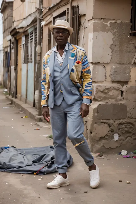 a dynamic and eye-catching scene featuring an elderly sapeur in congo walking and striking a pose for a photograph. the elderly ...