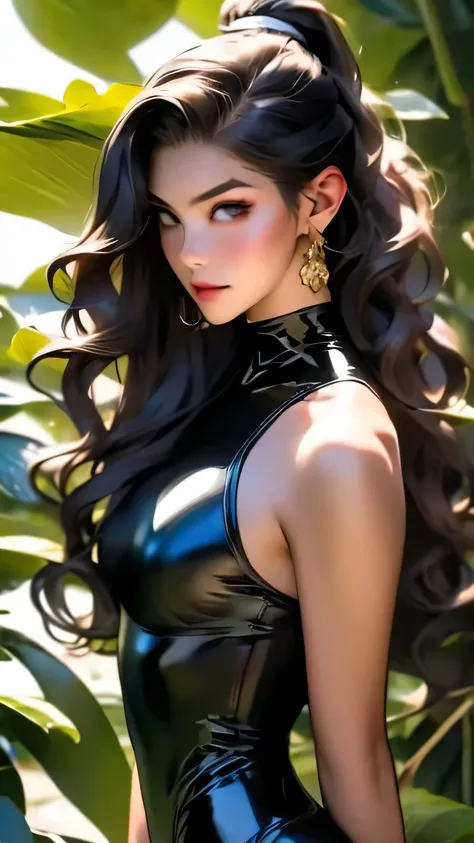 Beautiful woman with good style, (Black latex leotard), detailed, 8k、detailedな顔, detailedな体, detailedな髪, detailedな目で、(Long Wavy Hair:ponytail)、masterpiece, 最high quality, high quality, High resolution, (Jungle Background), (Face close-up)