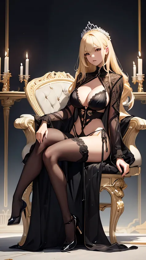 beautiful detailed girl, wearing sexy long black sling bikini and long transparent coat, blonde hair, slender, Youthful expression, large breast, massive cleavage exposed, huge buttock, sitting on the throne arrogantly, front angle