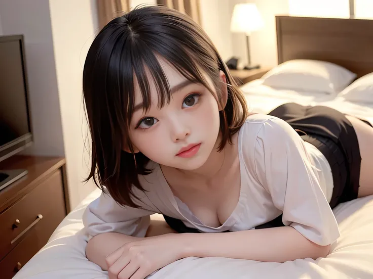 Highest quality, masterpiece, Ultra-high resolution, 8k, RAW Photos, Realistic, Anatomically correct:1.5), 20-year-old girl:1.2, Embarrassing, avert your eyes, blush:1.0, View Viewer, ((Hotel room at night)) 、(Dim lighting)、On the bed、Large windows、Night v...