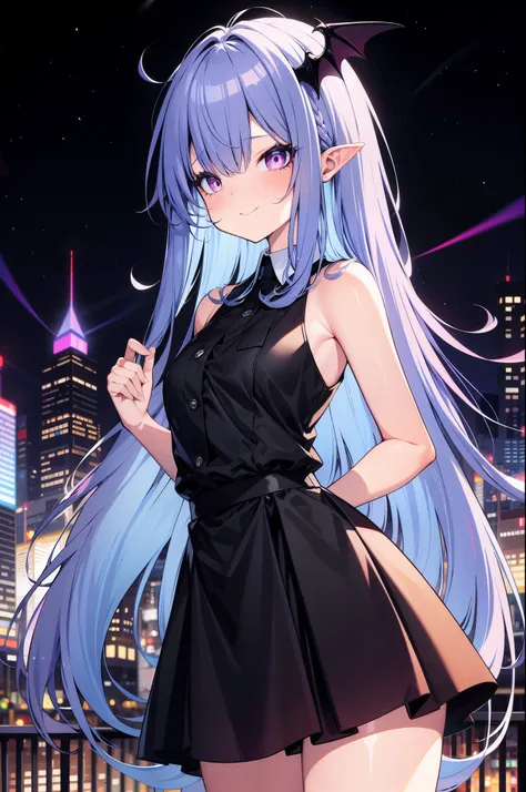 (cowboy shot), (best quality, ultra-high resolution, depth of field:1.2), 1woman, succubus, long flowing hair, (blue and purple hair gradient:1.1), ((black bat wings on the head)), pink eyes, pointy ears, small breasts, (intricate white blouse), pink bow t...