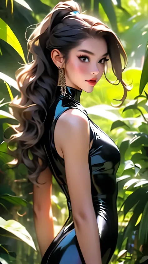 Beautiful woman with good style, (Black latex leotard), detailed, 8k、detailedな顔, detailedな体, detailedな髪, detailedな目で、(Long Wavy Hair:ponytail)、masterpiece, 最high quality, high quality, High resolution, (Jungle Background), 