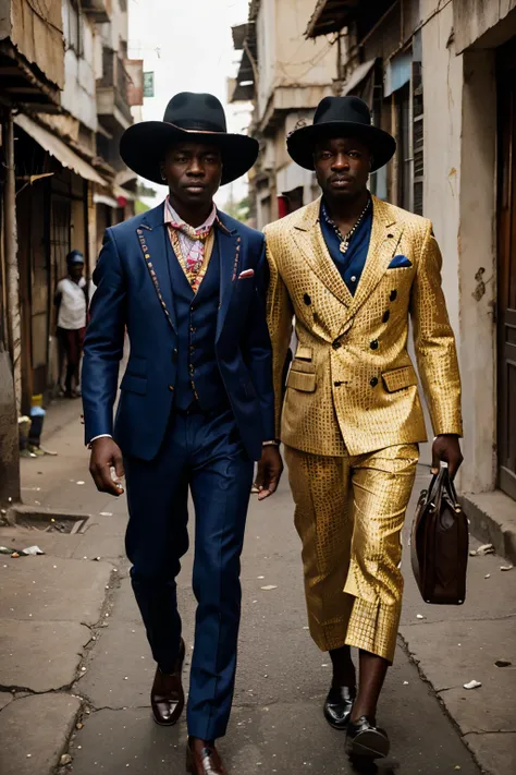 a striking and contrasting scene featuring the sapeurs of congo. the sapeurs should be dressed in elegant, colorful suits, each ...