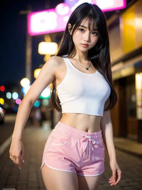 (Best-quality, Masterpiece, Ultra-High-Resolution, (Photorealistic:1.4), Raw Photo, depth of field, professional lighting, perfect anatomy, extremely details), (at midnight, on Japanese-main-street, beautiful night-sky, beautiful star, beautiful moon), 1gi...