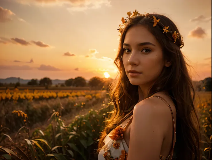 A beautiful young woman in an orange field, cinematic lighting, glowing sunset sky, detailed facial features, elegant dress, serene expression, intricate floral crown, flowing hair, photorealistic, 8k, ultra-detailed, vibrant colors, dramatic lighting, pro...