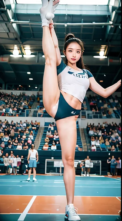 olympic，girl，stadium，huge crowds of people，gymnastics competitions，gym_uniform，reality，high leg raise，gymnast，balloons in the ai...