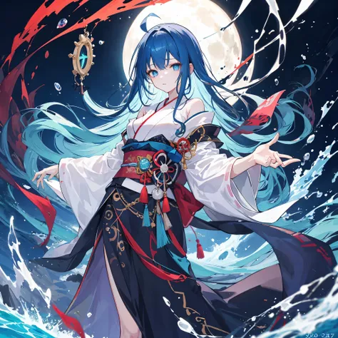 masterpiece, best quality, japanese girl, ocean blue hair ,25 years old wearing black magic robe ,big  ,clear eyes, standing ,casting aice magic spell ,