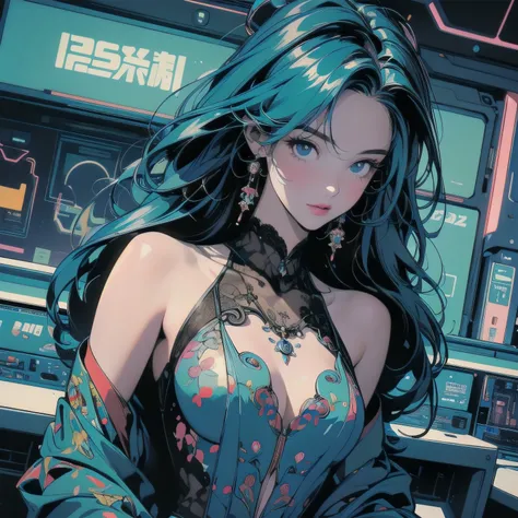 (((masterpiece, Highest quality)))、(((32K Wallpapers)))、The most detailed machine、(((The most complete and detailed neon colored futuristic machines and a woman)))、The most detailed background、(((Flat Chest)))、(((Surrounded by many complex, sophisticated, ...