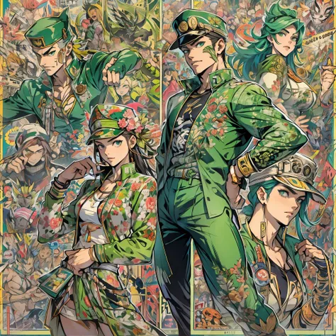 Images of male and female activists wearing green clothing、Make it in a JoJo&#39;s Bizarre Adventure style.。