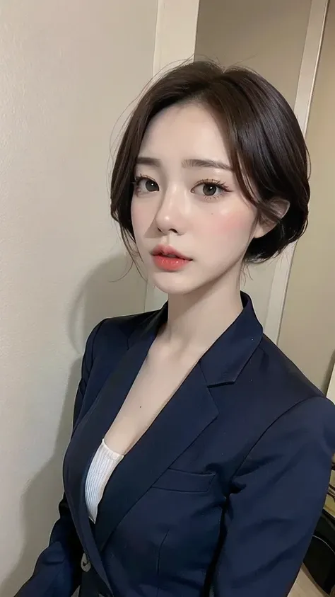 Hollow cut hair, woman, suit, slender, 25 years old, Korean girl