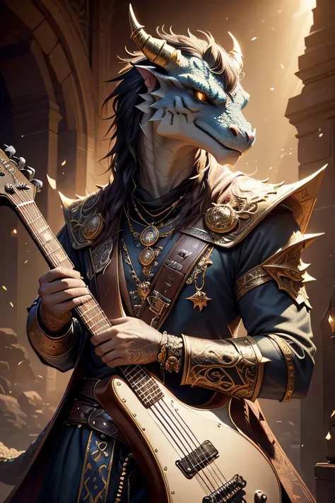 ((Best quality)), ((masterpiece)), ((realistic cartoon)), ((perfect character)):

Dragon head Rockstar with holding an electric guitar,In this stunning and highly detailed realistic cartoon, we present a Rockstar with a dragon head. The Dragonoid Rockstar ...