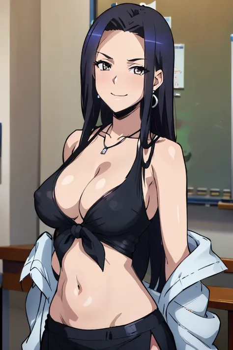 kuroko smith, large breast, blush, lipstick, Hot girl, baddie, staring, glaring, bad attitude, mean girl, crazy, smoking, sensual, attractive, masterpiece, best quality, ((unbuttoned , cleavage, necklace, earrings, sexy body,
breasts)) , micro skirt, smili...