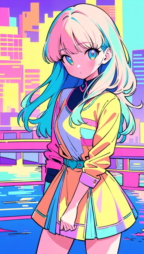 masterpiece, Highest quality, Beautiful attention to detail, Very detailed, In detail, High resolution, Perfect Anatomy, colorful, pastel colour, One Girl, alone, (City pop illustrations), (City Pop Art), Simple Background, Retro Style, (Vaporwave City Pop...
