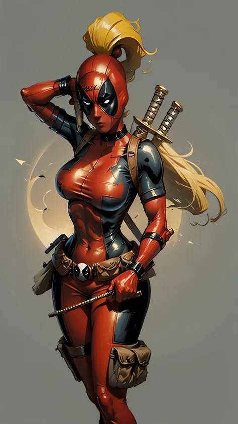 Lady deadpool showing her , busty. Swords. Blonde