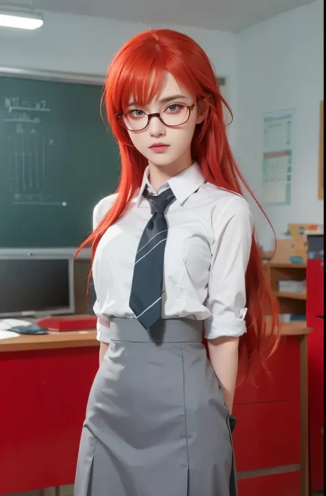 Karin, Naruto shippuden, red hair, red eyes, glasses eyes, highschool uniform, classroom background, ultra detailed, ultra realistic, high resulution, masterpiece.
