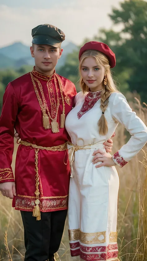 front view, (1 boy and 1 girl is existence), (couple is love), standing pose ,couple is looking between face to face, (1 man is Russian man, traditional Russian costumes from the 1930s, red and black design, Cossack hat, long boots ), (1 woman Russian tr...