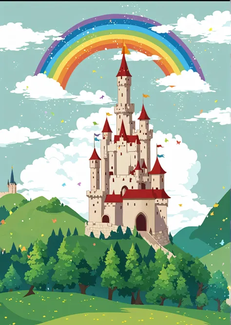 a cartoon castle，there is a rainbow in the sky and trees, castle background, dream castle, medieval castle background, fairy tal...