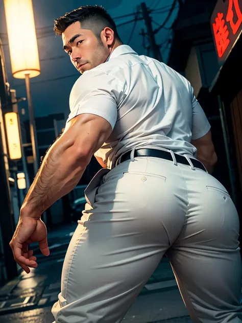 40-year-old boy japanese muscular male in white police uniform., wearing light grey slack formal pants...........gooning seducti...