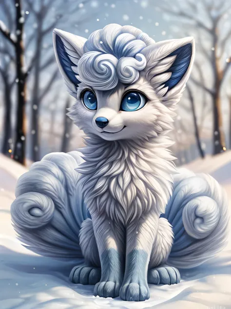 Beautiful Furry art, slim, feral, cute, realistic, sky blue eyes, white fur, one white fox, (alolan vulpix), full body, fluffy, high quality,(by hioshiru), snow, more snow, winter background, bokeh, masterpiece, breathtaking, realistic oil painting,