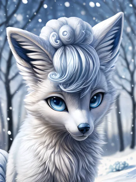 Beautiful Furry art, slim, feral, cute, realistic, sky blue eyes, white fur, one white fox, (alolan vulpix),  close up, fluffy, high quality,(by hioshiru), snow, more snow, winter background, bokeh, masterpiece, breathtaking, realistic oil painting, 