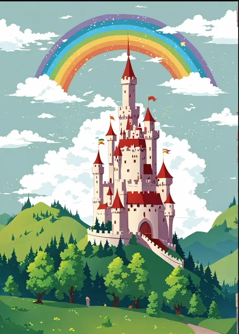 a cartoon castle，there is a rainbow in the sky and trees, castle background, dream castle, medieval castle background, fairy tal...