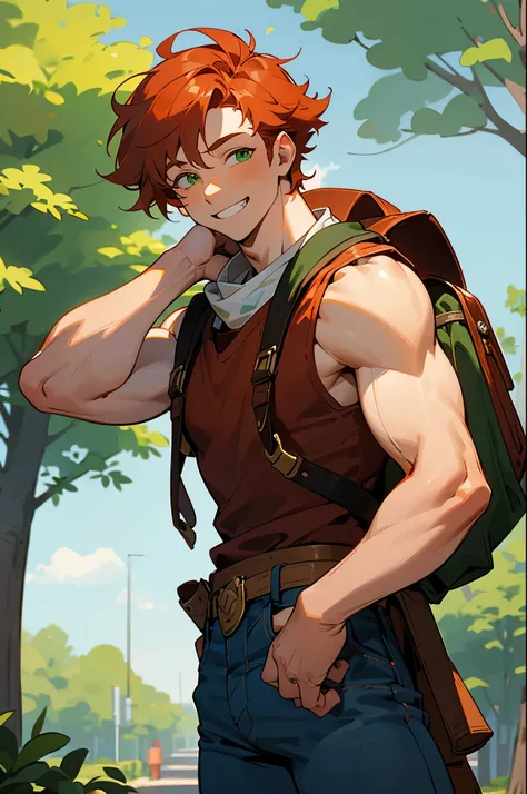 1male, copper hair, curly and wild, green eyes, playful grin, white bandana tied around his head, sleeveless red shirt, faded blue jeans, sturdy brown boots, casual backpack slung over one shoulder, sunny park background with people and greenery, detailed ...