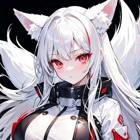 Silver hair, long hair, red eyes, cute face,sexy,White leather jacket , G_CUP(HUGE_BREASTS) , White fox ears, nine white fox tails, There is a white fox mask on the top right of the head  